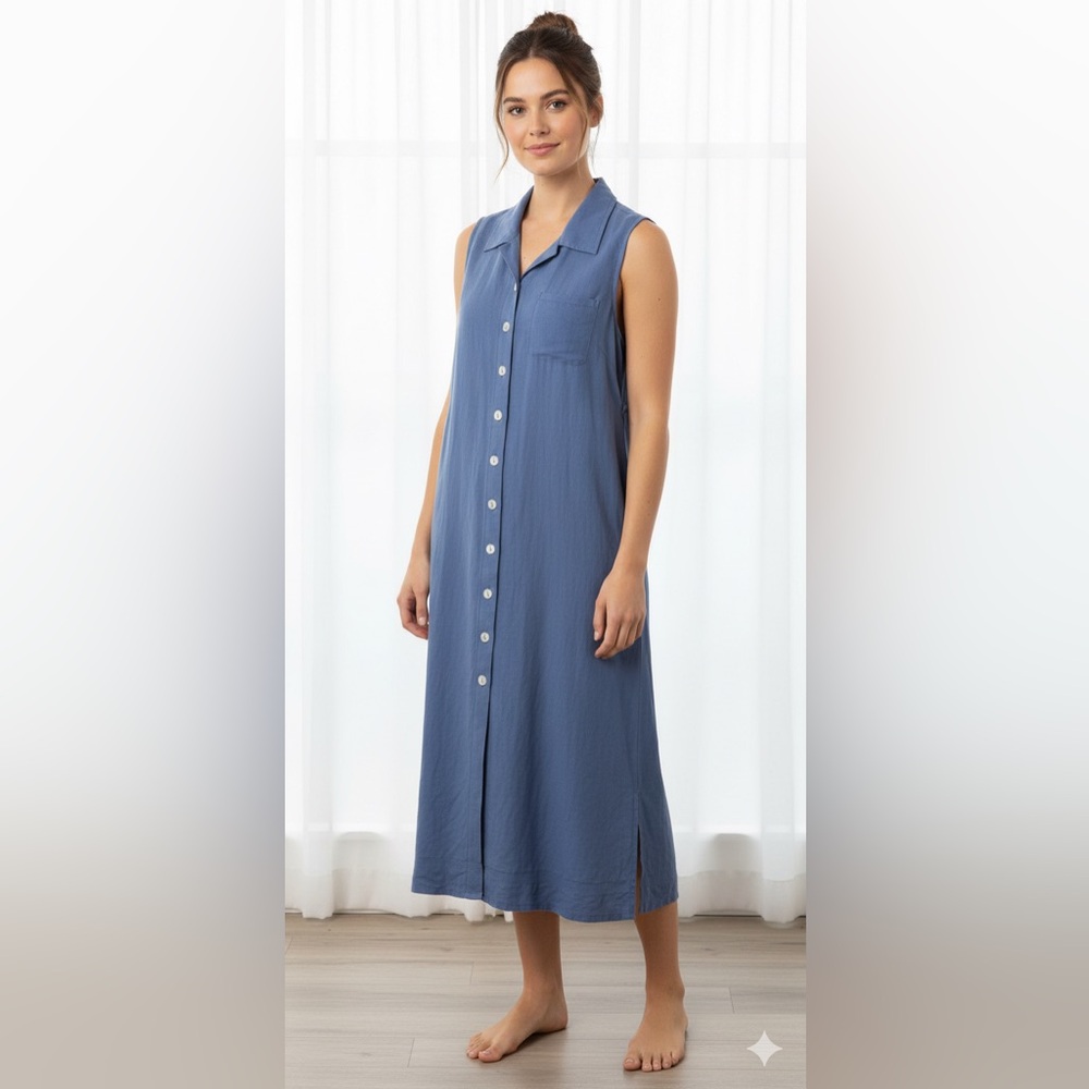 Natural Instincts Button Down Long Linen Blend Blue‎ Coastal Dress Size 8